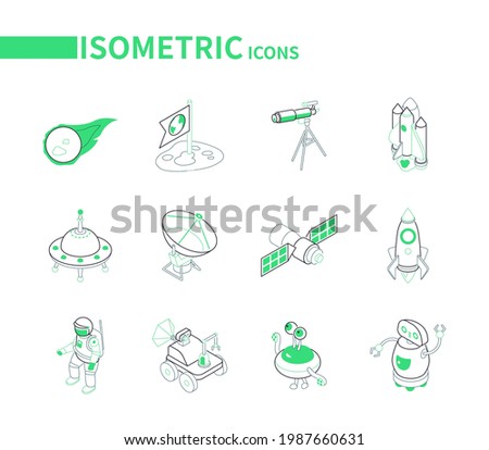 Space exploration - line colorful isometric icons set on white background. Galaxy, astronomy idea. Meteorite, telescope, shuttle, ufo, rocket, satellite dish, astronaut, robot futuristic images