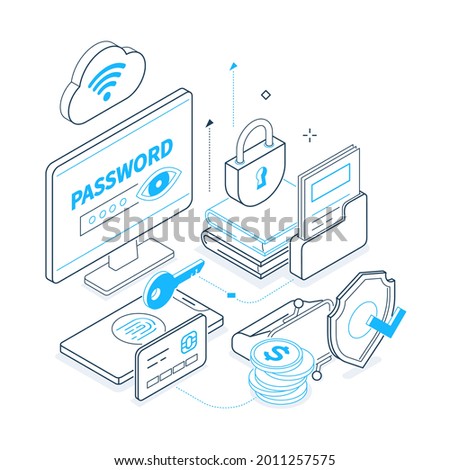 Internet security - black and blue isometric line illustration. Personal data protection and antivirus idea. Password entering, software bag, alarm system, credit card, security, virus removal