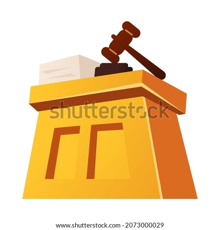 Trial tribune - modern flat design single isolated object. Neat detailed image of yellow wooden rostrum, judgment hammer and stack of papers with the current case. All rise, the court is in session