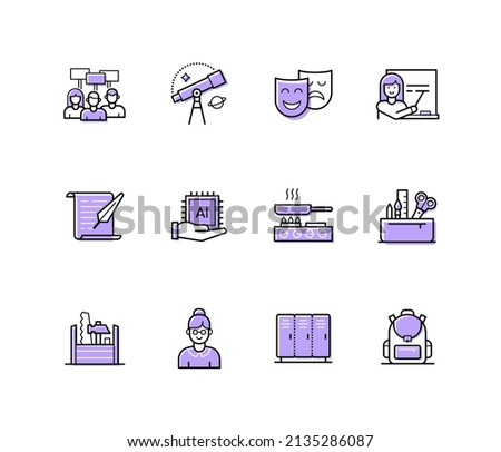 School education - modern line design style icons set with editable stroke. Education, classmates, telescope, theater masks, teacher at the blackboard, computer science, backpack, lockers, childhood