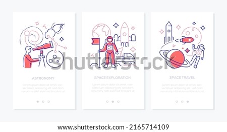 Astronomy and space exploration - line design style banners set with place for text. Look at the stars through a telescope, study the galaxy, rocket launch, astronaut and mission to the moon idea