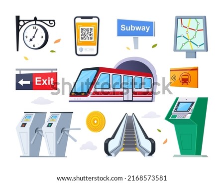 Metro and underground stations - flat design style icons set. High quality colorful images of high-speed train, transport communication card, turnstile, exit, departure time and ATM. Subway idea