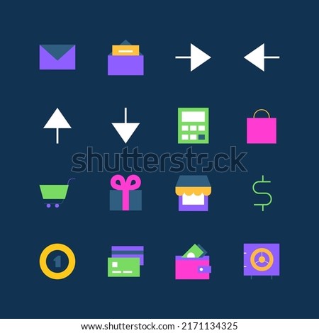 Shopping and money - set of flat design style neon icons, isolated on dark background. Images of email message, direction arrow, right, left, up and down, cart, gift, finance and cash payment idea