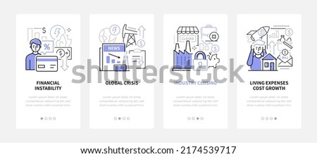 Global crisis and financial instability - line design style banners set with place for text. Illustration with industry closing, living expenses cost growth. Bankruptcy and stock market decline idea