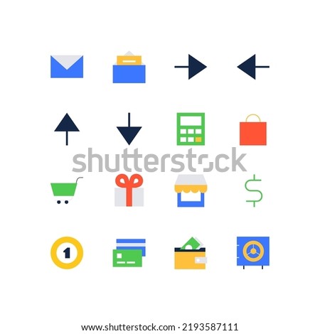Online shopping and finance - set of flat design style icons, isolated on white background. Images of email message, direction arrow, right, left, up and down, cart, gift, money and cash payment