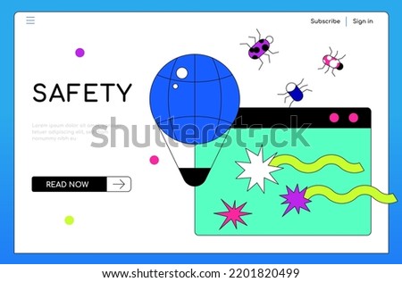 Safety and internet connection - colorful flat design style illustration with linear elements, place for text. Neon colored header with browser window, global web and bug viruses. Hacking the system