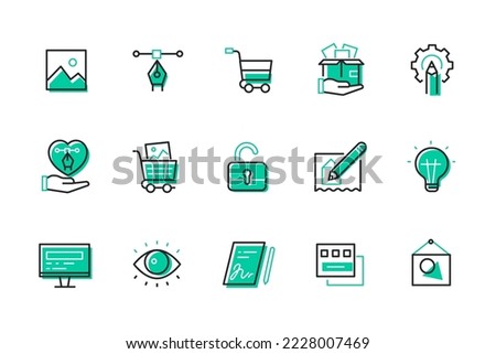 Web development - modern colorful line design style icons with editable stroke. Green items of shopping cart, delivery box, pencil and gear, open lock, light bulb, eye, images and creative ideas