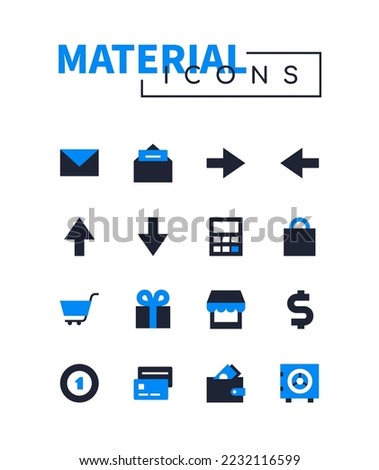Online shopping navigation - flat design style icons set. High quality colorful images of envelope, arrow right, left, back and forth, calculator, shopping cart, gift, wallet, money, safe, purchase