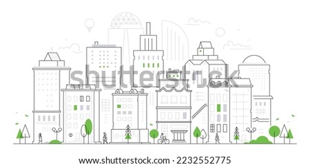 Urban cityscape - modern thin line design style vector illustration on white background. Composition with facade of city buildings, trees and people walking down the street. Daily life idea