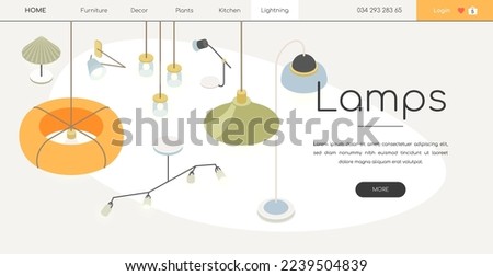 Designer lamps and fixtures - line design style isometric web banner on white background with copy space for text. A header with different lighting devices. Hanging, floor and table accessory