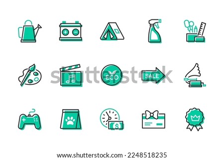 Hobbies and entertainment - set of line design style icons isolated on white background. Quality images of watering can, tent, stationery, paint, gamepad, movies and music, pet food, time is money
