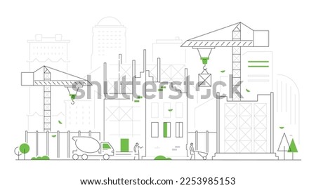 Construction site - thin line design style vector illustration on white background. Composition with special vehicles, cranes, buildings, workers. Architecture, housing development and real estate