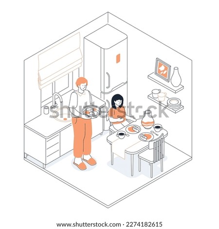 Family lunch in the kitchen - modern line design style isometric illustration on white background. Composition with man and a woman with self cooked dishes who are about to sit down at the table