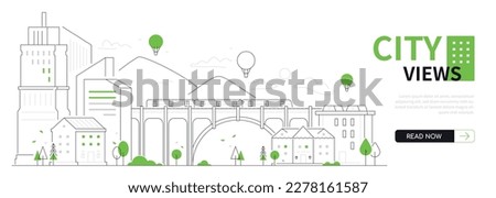 City views - thin line design style vector web banner with copy space for text. High quality illustration with buildings, train, bridge, trees. Developed infrastructure, architecture, urban landscape