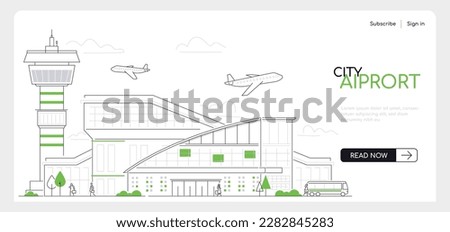 City airport - modern thin line design style vector banner on white urban background. Composition with large building, control tower, planes in the sky, passengers go on flight. Boarding and departure