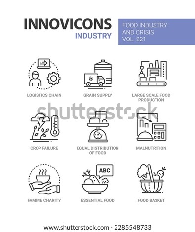 Food industry and crisis - line design style icons set. Supply chain, grain, factory, lean year, malnutrition, charity, share soup, get vitamins and minerals, basket with carrots and broccoli