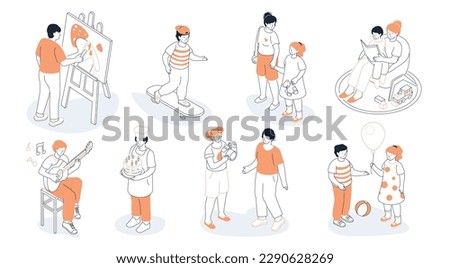 Diversity of people and hobbies - modern line design style isometric illustration set. Artist, child on a skateboard, reading a book at night together, guitarist, baker, photographer and model
