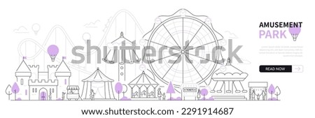 Amusement park - modern thin line design style vector banner on white urban background. Composition with ferris wheel, carousel, children castle, circus tent, ticket booth and cotton candy cart