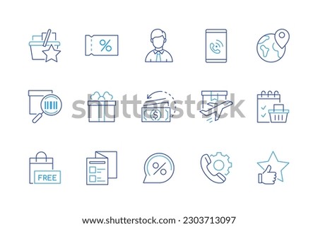 Purchases of goods - set of modern line design style icons on white background. Discount coupons, barcode, gift box, free surprise, percentage, wish list, shopping cart, money back, promotion brochure