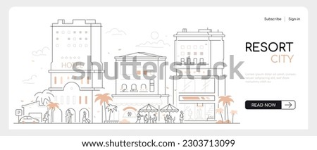 Southern resort city - thin line design style vector banner on white urban background. Composition with street with hotels, cafes and shops. People sit at restaurant tables, palm trees adorn the view