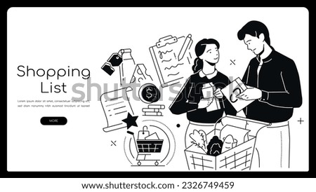Shopping list - modern line design style banner with copy space for text. Composition with shoppers filling a grocery cart. Check, groceries, dairy products, married couple in supermarket
