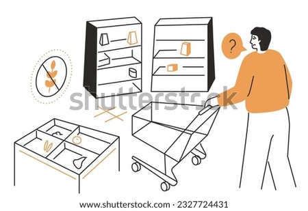 Product shortage - modern line design style isometric illustration on white background. Composition with person with a shopping cart who does not find goods on the shelves of stores. Food crisis idea