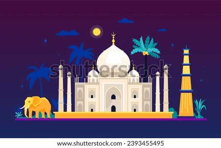 Taj Mahal at night - modern colored vector illustration with mausoleum-mosque, located in Agra in India. Tropical landscape, holy cow, attraction, one of the seven wonders of the world idea