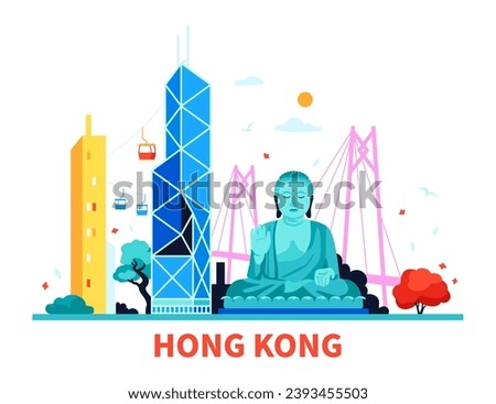 Landmarks of Hong Kong - modern colored vector illustration with Bank of China Tower, buddha statue in lotus position, Zhuhai-Macao Bridge and Ngong Ping 360 cable car. Nature and trees, harmony idea