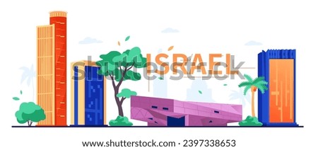 Modern buildings in Israel - colored vector illustration with Tel Aviv Museum of Fine Arts, Azrieli Center Mall and Al-Aqsa Mosque silhouette on the background. Travel and orient attractions idea