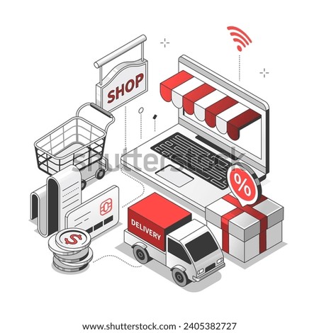 Online shopping - isometric red and black line illustrations. Selection, ordering and delivery of products via the Internet. E-commerce idea. Laptop, store, discount, delivery images