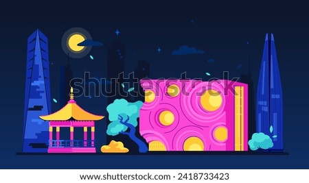 Neon nights in South Korea - modern colored vector illustration with Lotte World and Northeast Asia Trade Tower in Seoul, Kring Kumho Culture Complex and wooden gazebo. Architecture and sights