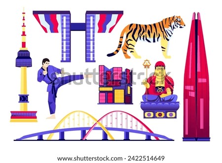 Modern architecture and symbols of South Korea - flat design style objects set. High quality images of taekwondo, tiger, Seoul TV and Lotte towers, Gangnam Underground Shopping area, World Peace Gate