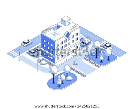 City hospital and highway - vector isometric illustration. Building where medical care is provided, patients go to appointments, cars in the parking lot, ambulance, park area with trees, daytime