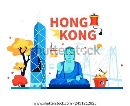 Landmarks of Hong Kong - modern colored vector illustration with Bank of China Tower, buddha statue in lotus position, Zhuhai-Macao Bridge and Ngong Ping 360 cable car. Wok noodles, red paper lantern