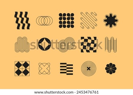 Complex geometric shapes in retro vibe - flat design style icons set. High quality black images of lines, waves, squares, circles, floral silhouette, symmetrical patterns, grid, wavy and looping form