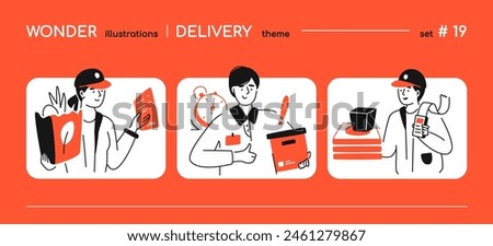 Delivery of food and goods - line design style illustration with copy space for text. Composition with courier from grocery store, messenger with box, man brought pizza and cash register with receipt