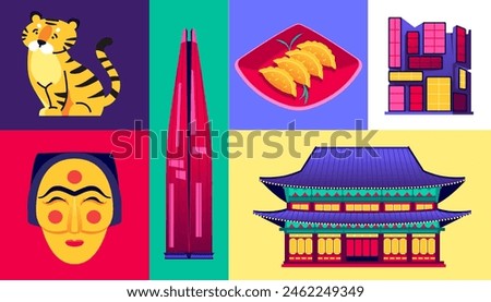 National symbols of South Korea - set of flat design style colorful illustrations. Images of tiger cub, mandu or gedza, traditional wooden mask, Gangnam Underground Shopping area, Lotte World Tower