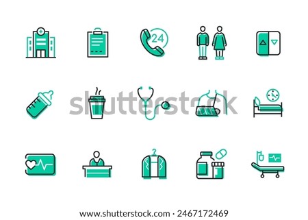 Hospital and health care - set of line design style icons isolated on white background. High quality images of 24-7 support, room, heart rate, broken arm, bed rest, coffee and bottle of milk