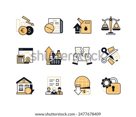 Economic and financial crisis - line design style icons set with editable stroke. Falling exchange rates, unemployment, rising food and oil prices, bankruptcy, devaluation, chart and market analysis