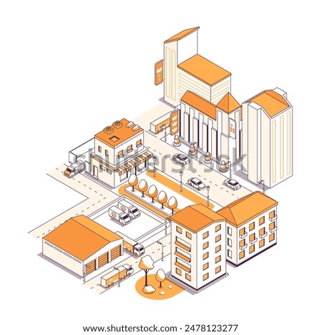 Residential developing city - vector isometric illustration. Street with residential buildings, shops, business and mall center, parking, warehouse, next to which there is a truck, highway and cars