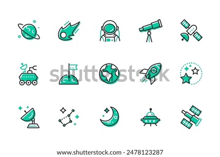 Space flight and extraterrestrial exploration - set of line design style icons isolated on white background. High quality images of asteroid, planet, constellation, astronaut, moon rover satellites