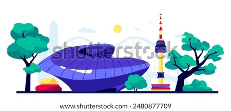 Futuristic Seoul buildings- modern colored vector illustration with Dongdaemun Design Plaza, capital of Korea TV Tower and Bridge in Daejeon in the background. Nature and park trees, city balance