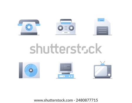 Outdated electronic devices - flat design style icons set. High quality colorful images of rotary dialer telephone , boombox, floppy and CD disk, computer monitor and system unit, TV with kinescope