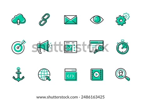 Information and data - set of line design style icons. SEO idea. High quality images of cloud storage, link, letter, browser, gears for settings, speaker, Internet and web search