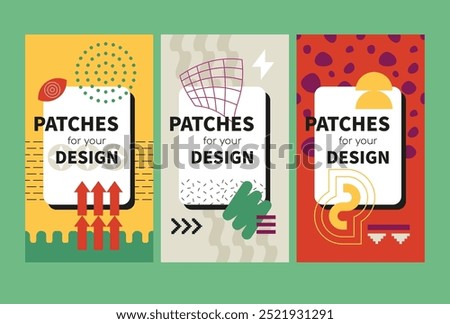 Spots, stripes and geometry - set of vector template illustrations on red, yellow and white background with place for your info. Warm colors. Three vertical posters of high quality for your business