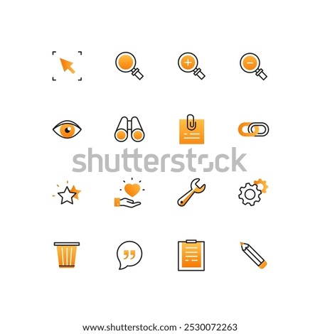 Social media symbols - line design style icons set. Customer service idea. Images of arrow, magnifier, zoom in and out, eye, binoculars, note, link, star, heart, wrench, gear, quote, clipboard, pencil