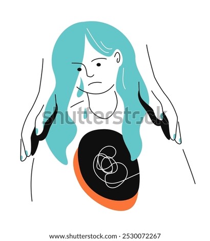 Help a person with depression - colorful flat design style illustration with linear elements. Orange and light blue picture with oppressed and saddened girl. Cry, need support, mental problems