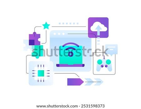 Modern technology and networking - flat design style illustration on white background. Images of laptop with Internet connection, Wi-fi, cloud computing and uploading, game console and chat, website