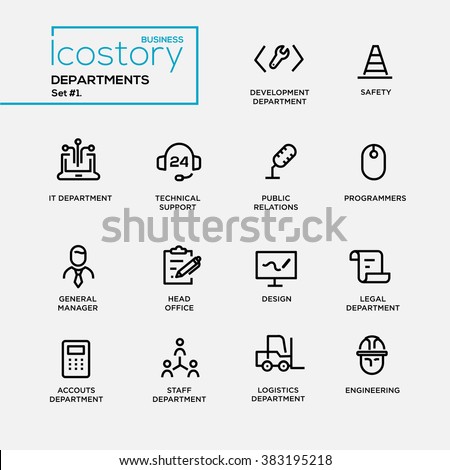 Set of modern vector office departments thin line flat design icons and pictograms. IT, accounting, tech support, head office, safety, public relations, programmers, designers, legal, logistics, 