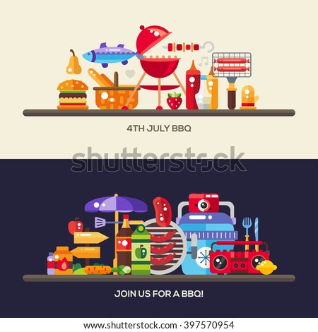 Vector flat design barbecue and summer picnic web banners, headers with icons and infographics elements